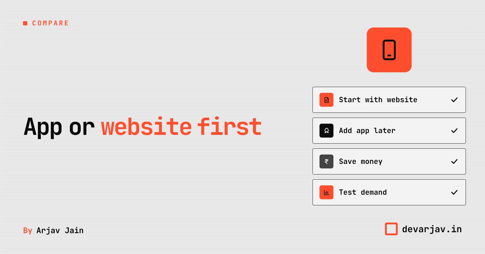 Phone showing website and app options, with checklist of when to choose each