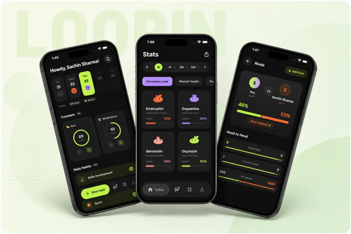 Loopin app screens: daily habits, stats and a head-to-head rivals view